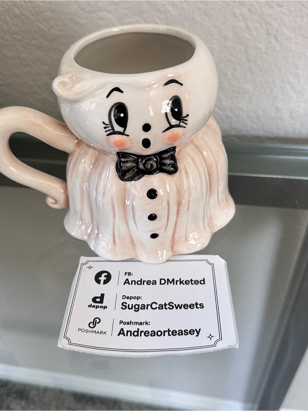 Handcrafted Ghost Ceramic Mug in Blush Pink and Black Bow